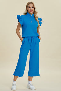 Hazel Blues® |  Double Take Texture Ruffle Short Sleeve Top and Wide Leg Pants Set