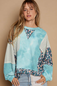 Hazel Blues® |  POL Floral Patchwork Round Neck Knit Top