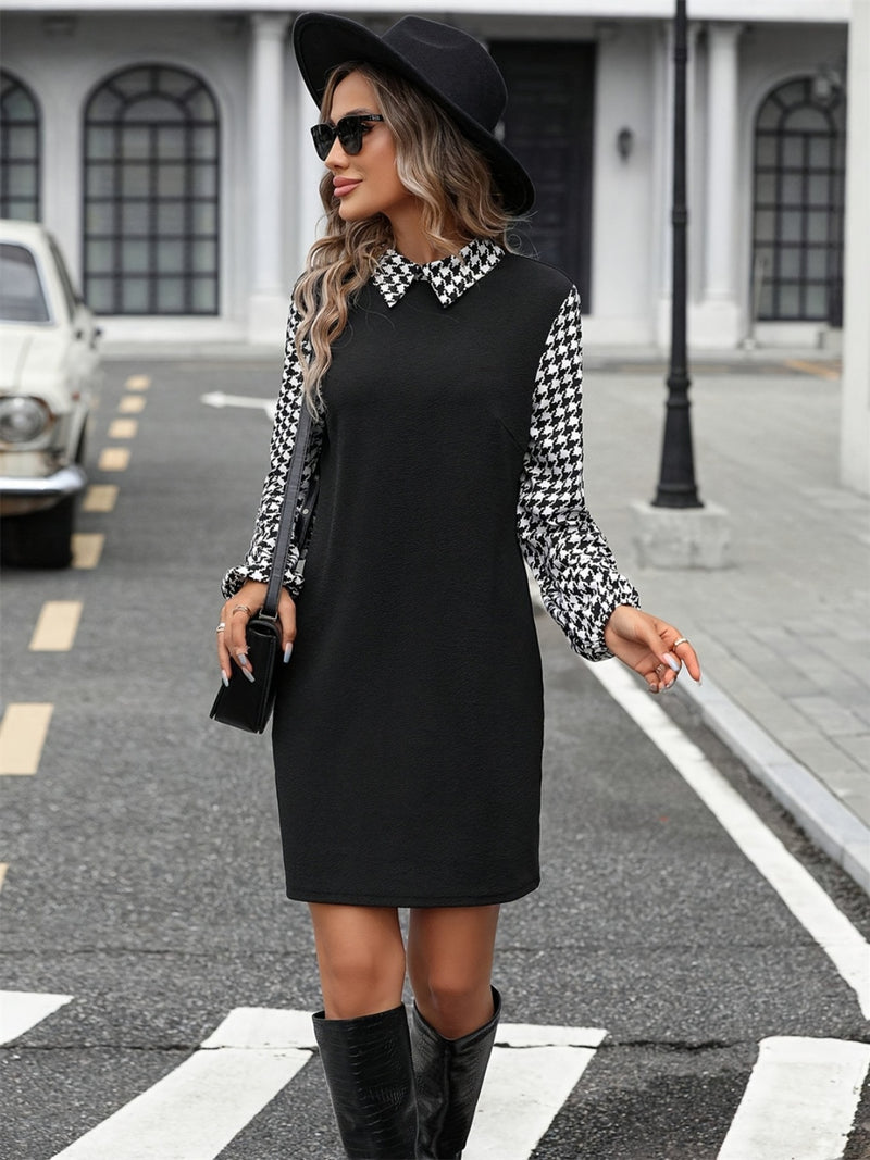 Hazel Blues® |  Houndstooth Collared Neck Long Sleeve Mini Dress