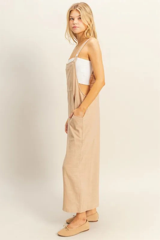 Textured Wide Leg Overalls Jumpsuit Small / Taupe