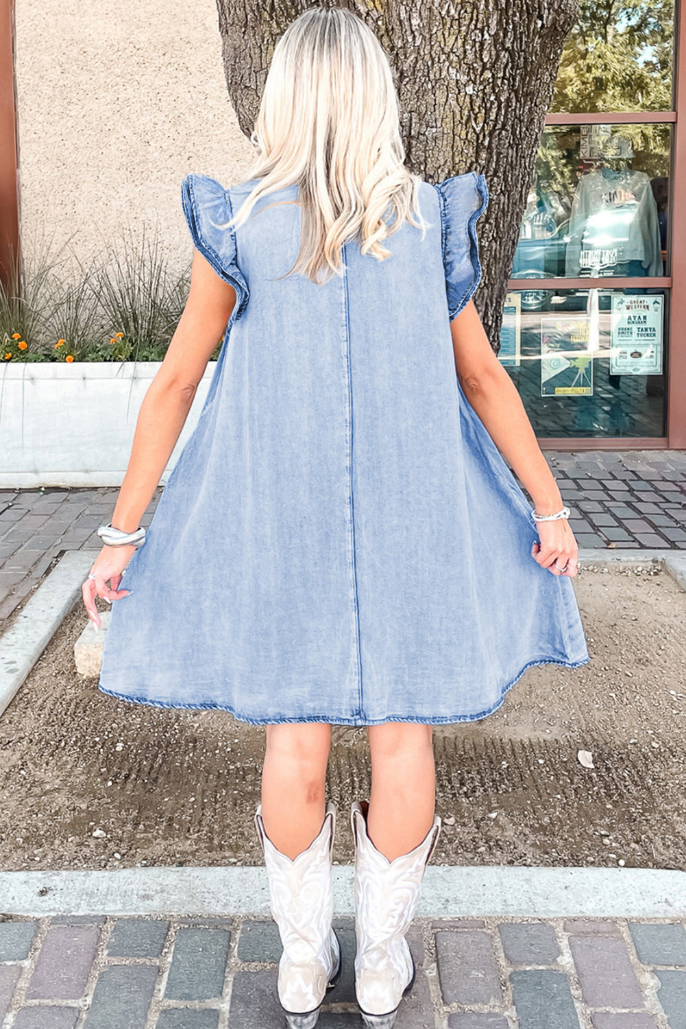 Hazel Blues® |  Beau Blue Double Ruffled Sleeves Buttoned A-line Collared Mini Denim Dress