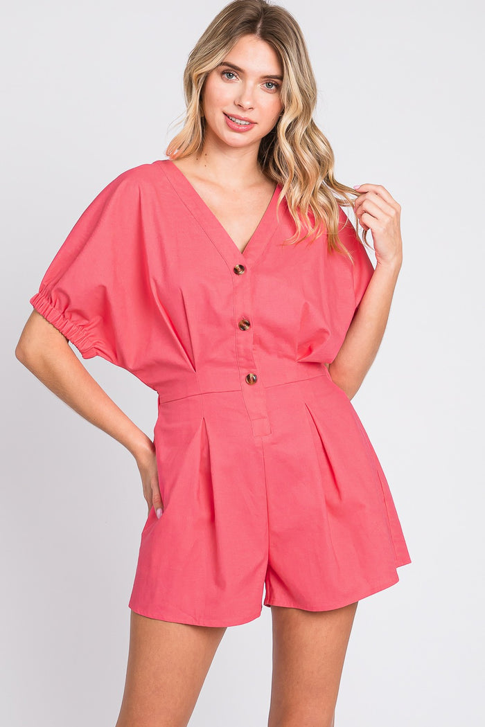 Hazel Blues® |  GeeGee Half Button V-Neck Linen Romper