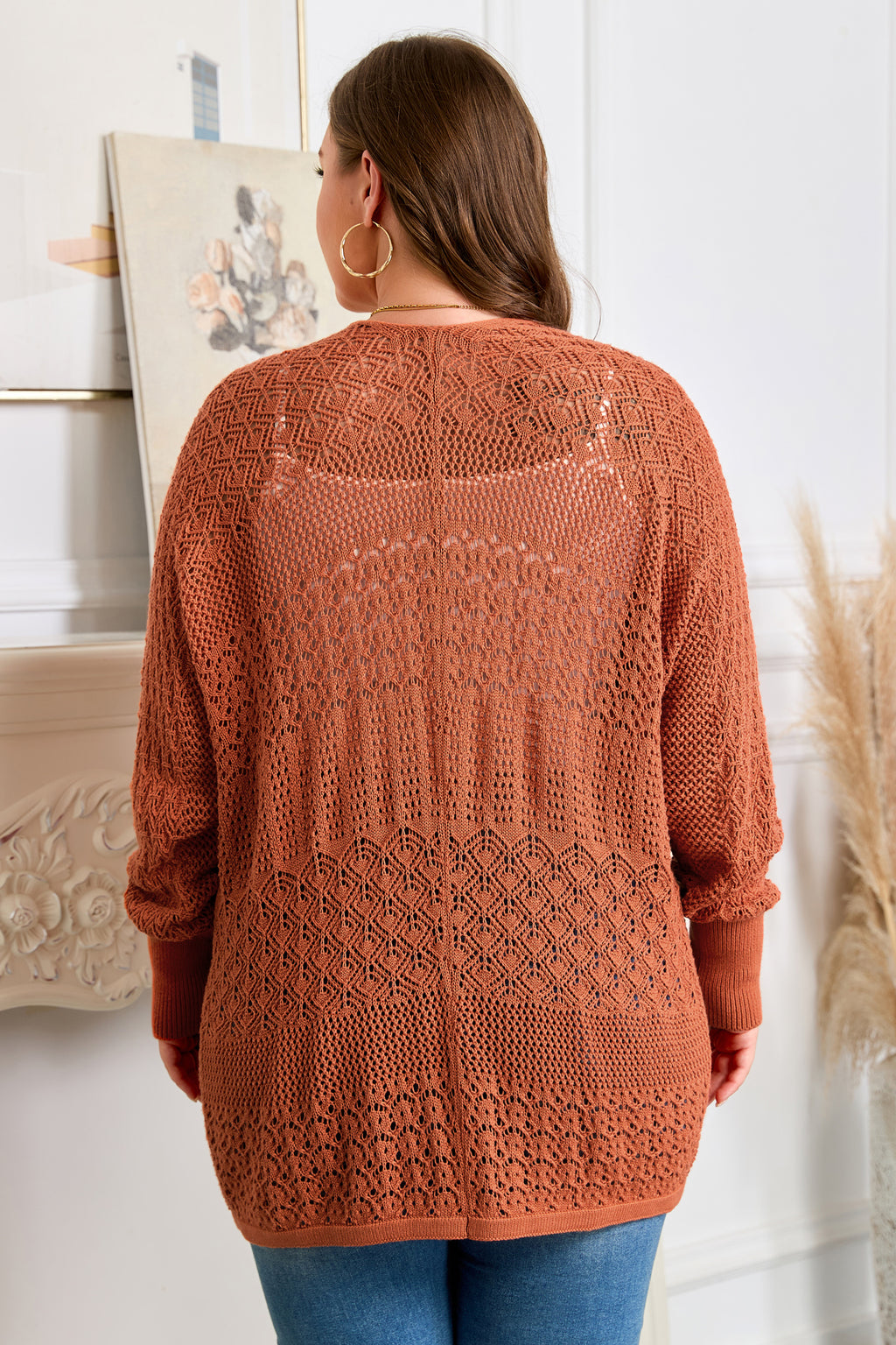 Redwood Burl Mixed Pattern Knitted Open-Front Plus Cardigan