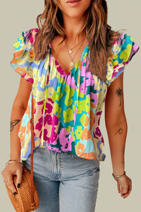 Hazel Blues® |  Ruffled Printed Tie Neck Cap Sleeve Blouse