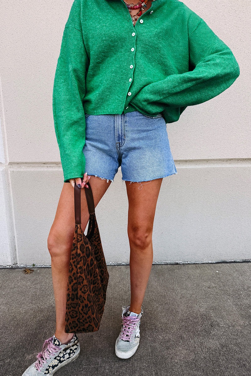 Hazel Blues® |  Bright Green Solid Color Knit Button Drop Shoulder Sweater Cardigan