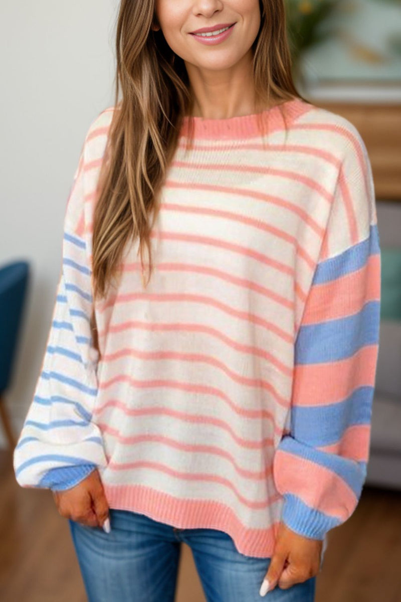 Hazel Blues® |  Contrast Striped Round Neck Long Sleeve Sweater