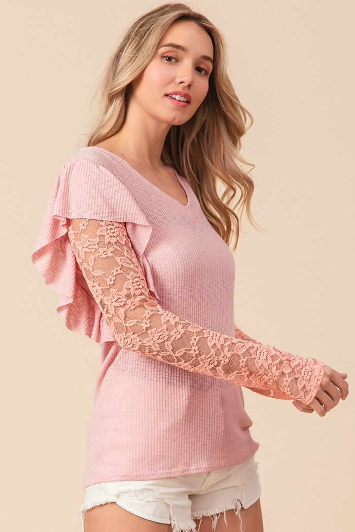 Hazel Blues® |  BiBi Ruffled Lace Sleeve Rib Knit Top