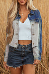 Hazel Blues® |  Dusk Blue Color Block Patchwork Flap Detail Distress Denim Jacket
