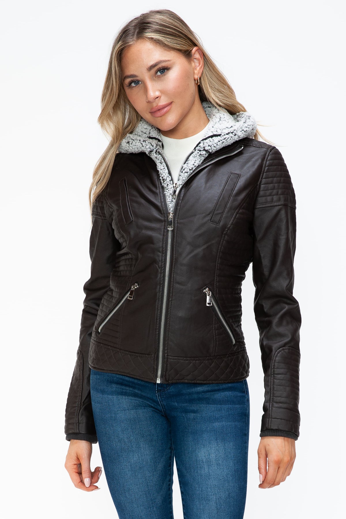 Hazel Blues® |  YMI Faux Layered Double-Zipper Jacket with Fuzzy Hood