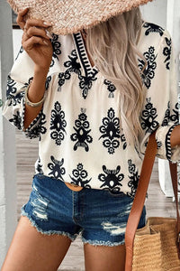 Hazel Blues® |  Printed V-Neck Three-Quarter Sleeve Blouse