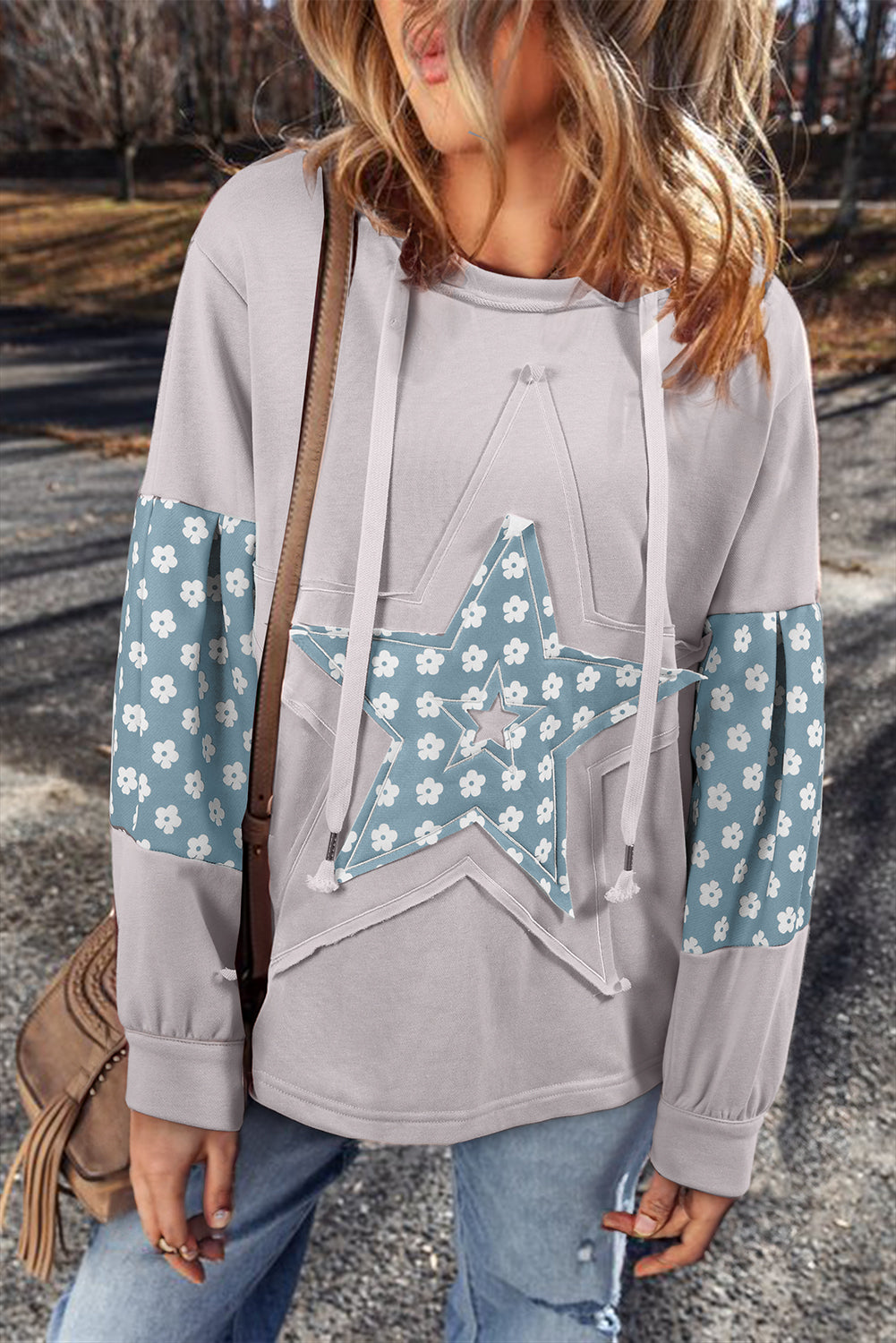 Hazel Blues® |  Floral Patchwork Star Pattern Drawstring Hoodie