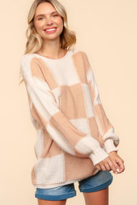 Hazel Blues® |  Haptics Checkered Round Neck Drop Shoulder Sweater