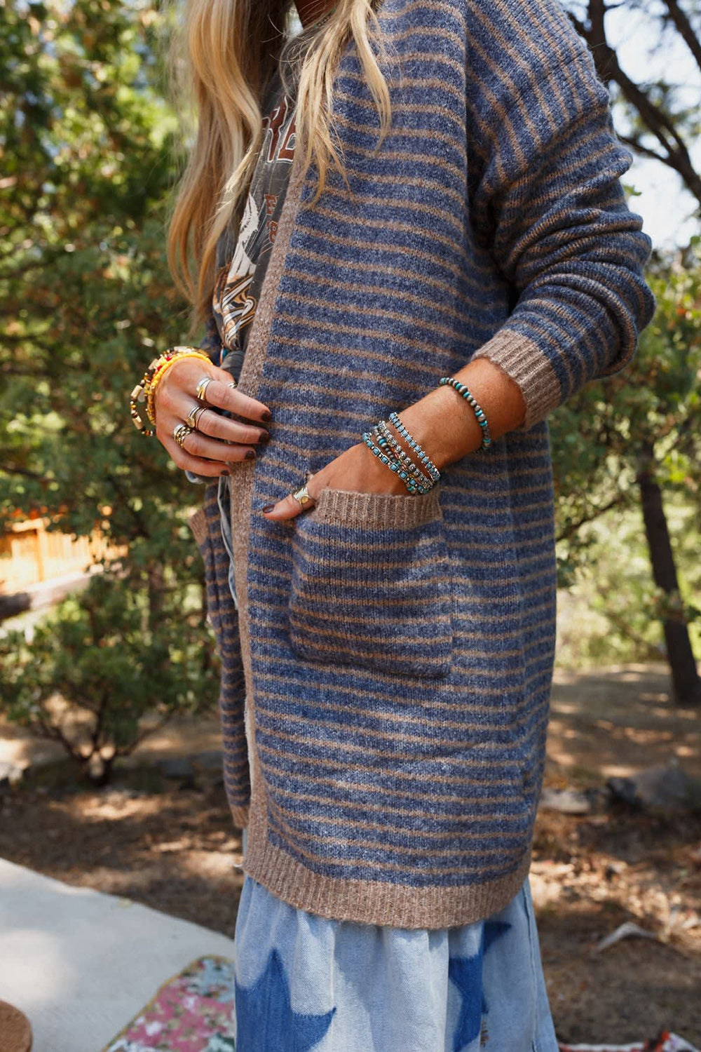 Hazel Blues® |  Open Front Long Sleeve Striped Cardigan