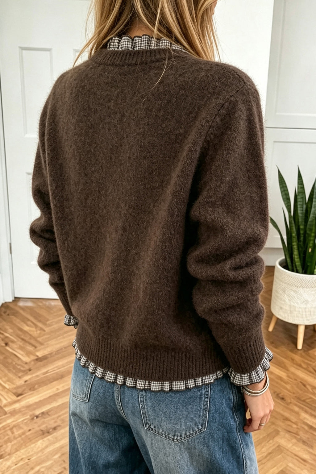 Brown Plaid Ruffle-Trim Sweater