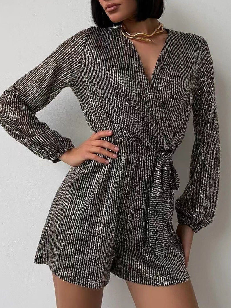 Hazel Blues® |  Sequin Surplice Tie Waist Long Sleeve Romper