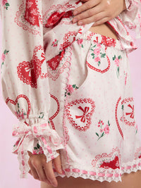 Valentine’s Day Lace Detail Heart Print Collared Neck Top and Shorts Lounge Set