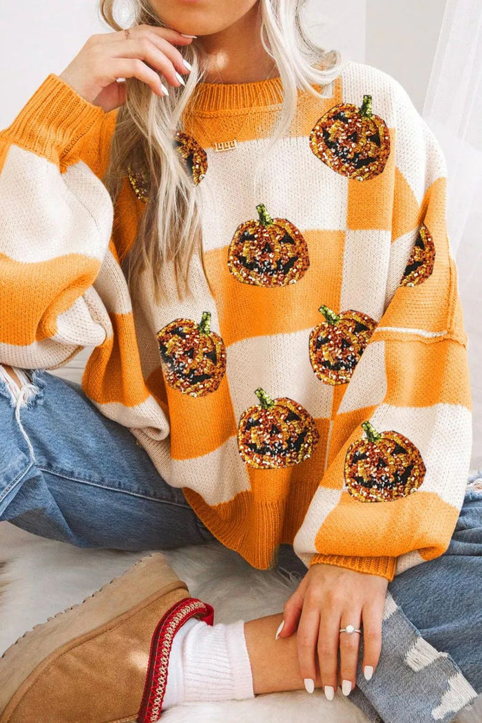 Hazel Blues® |  Pumpkin Checkered Round Neck Long Sleeve Sweater