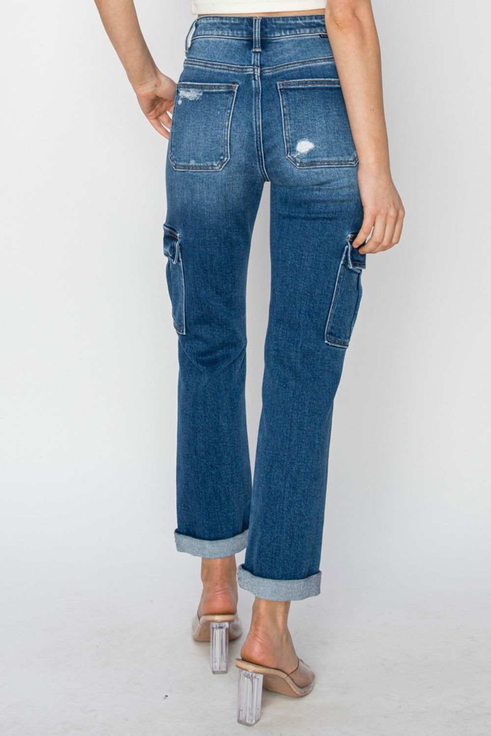 Hazel Blues® |  RISEN High Rise Cargo Ankle Roll Up Straight Jeans