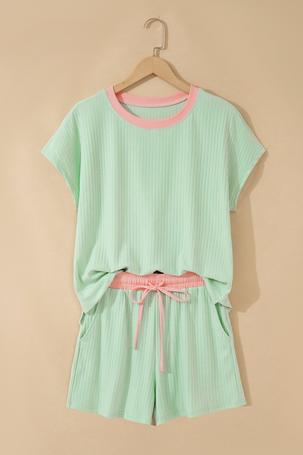 Clearly Aqua Soft Ribbed Color-Block Trim Casual Short Set