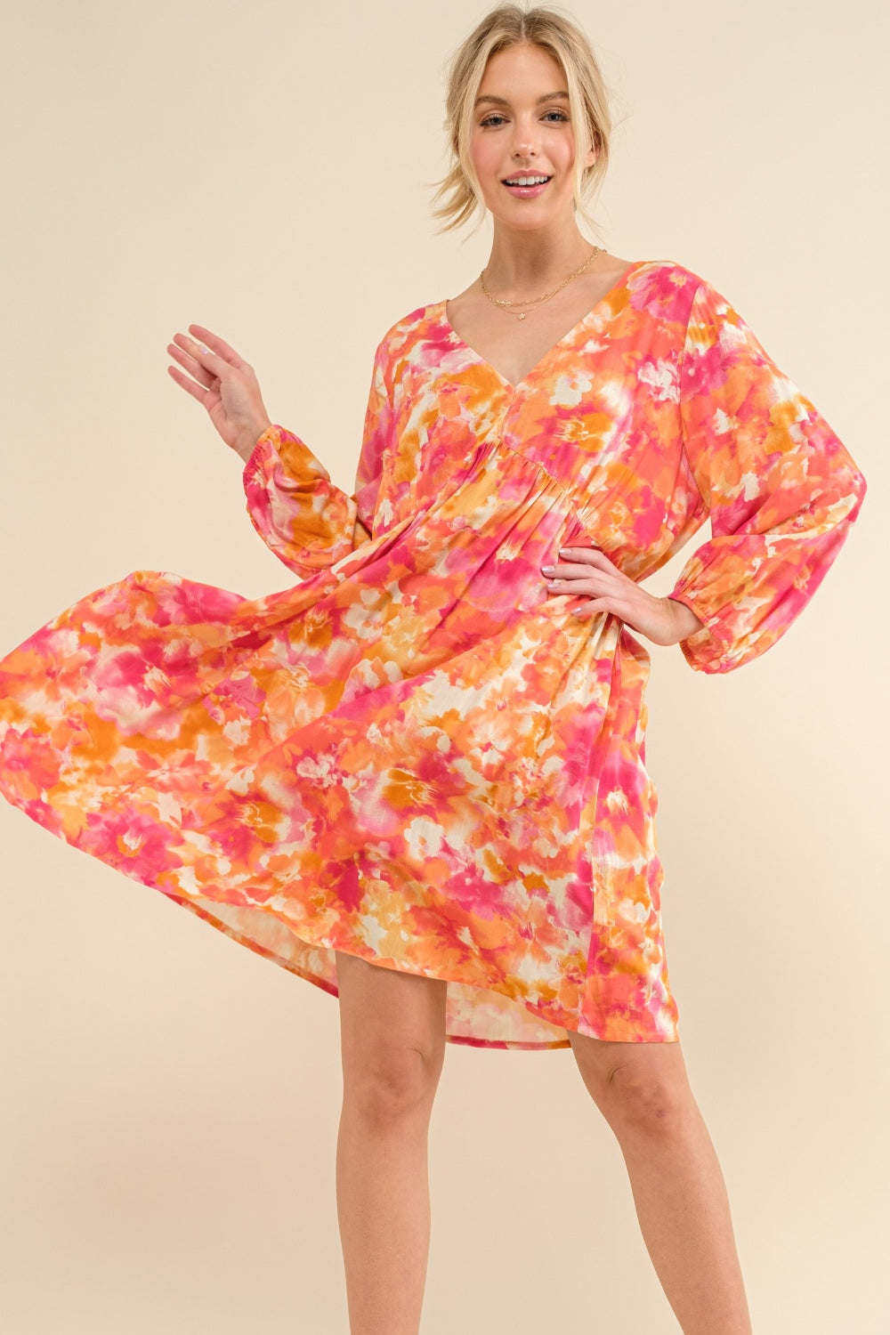 And The Why Printed Tie Back Long Sleeve Dress