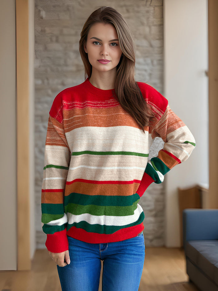 Hazel Blues® |  Contrast Striped Round Neck Long Sleeve Sweater