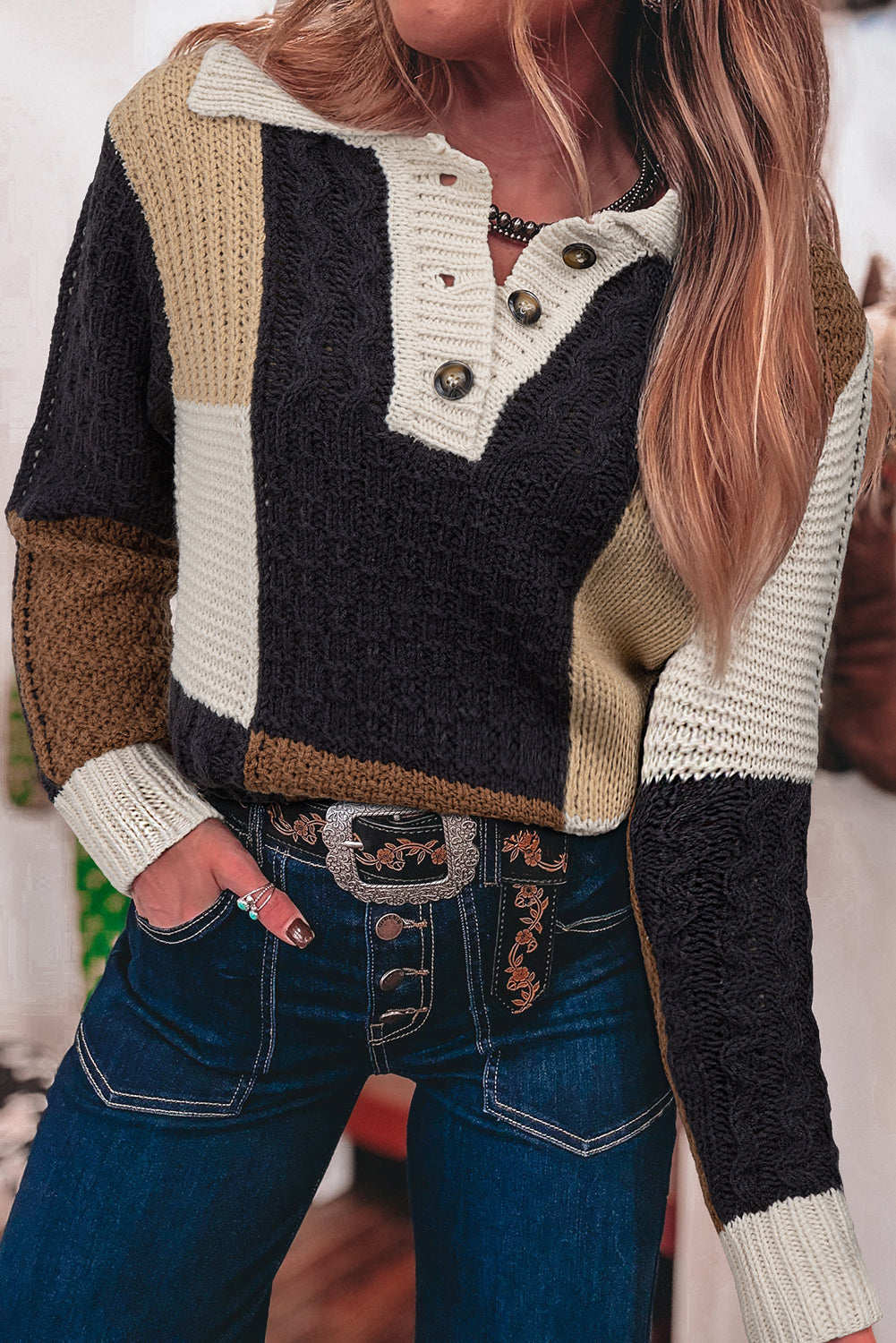 Hazel Blues® |  Multicolour Color Block Cable Knit Sleeve Buttons Collared Sweater