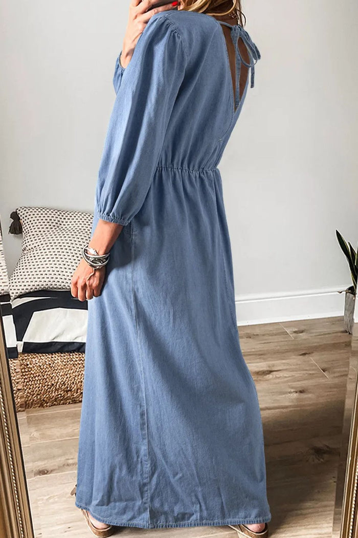 Hazel Blues® |  Tied Plunge Three-Quarter Sleeve Denim Dress