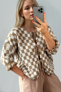 Hazel Blues® |  Double Take Tied Checkered Dropped Shoulder Flounce Sleeve Cardigan