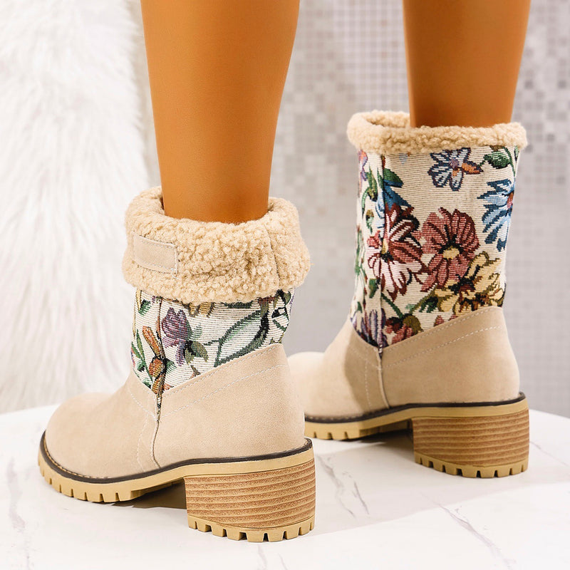 Hazel Blues® |  Embroidered Faux Fur Block Heel Boots