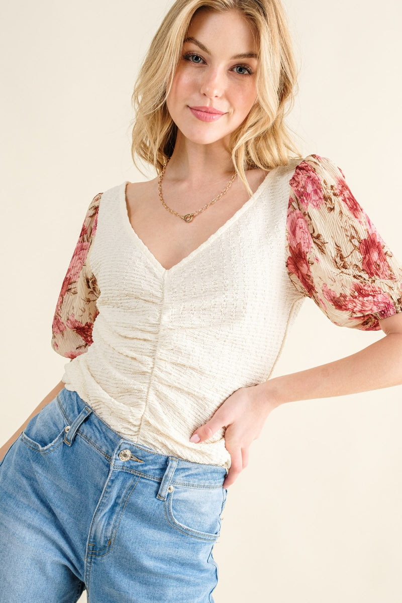 Hazel Blues® |  And The Why Floral Print Textured Sleeve Knit Top