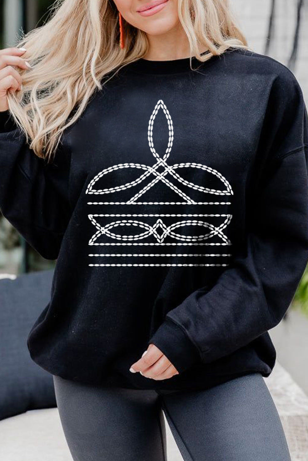 Hazel Blues® |  Black Western Pattern Print Round Neck Pullover Sweatshirt