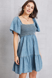 Hazel Blues® |  Smocked Square Neck Mini Denim Dress