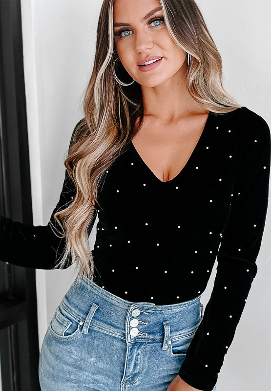 Hazel Blues® |  Pearl Detail Velvet V-Neck Long Sleeve Bodysuit