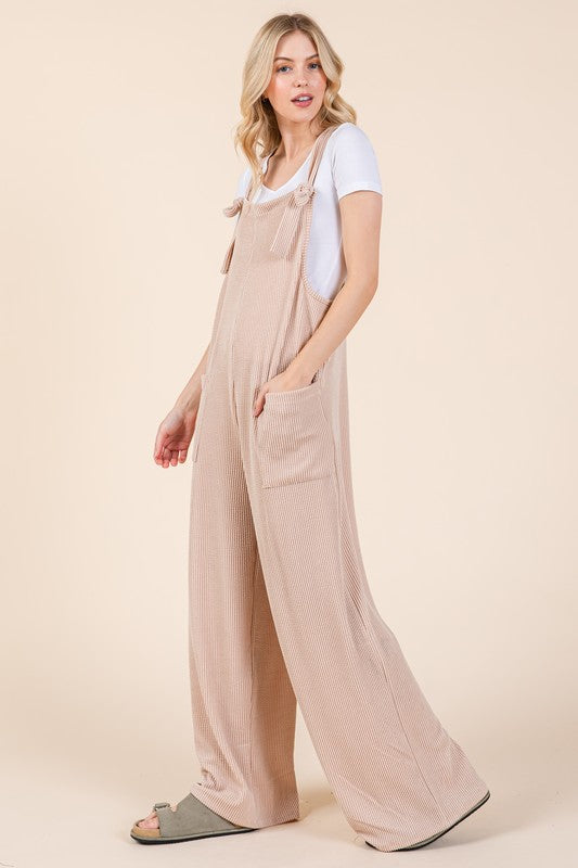 Hazel Blues® |  BOMBOM Knot Straps Wide Leg Ribbed Overalls with Pockets