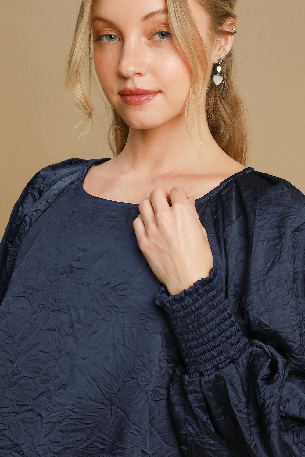 Hazel Blues® |  Umgee Wrinkled Round Neck Lantern Sleeve Blouse