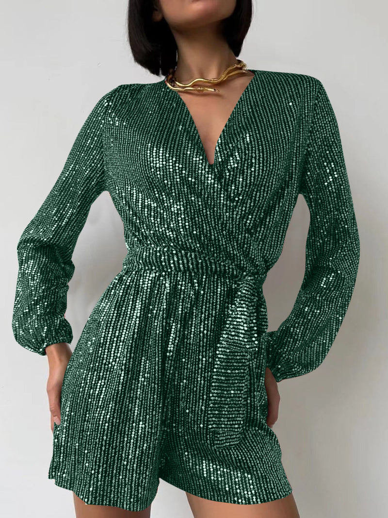 Hazel Blues® |  Sequin Surplice Tie Waist Long Sleeve Romper