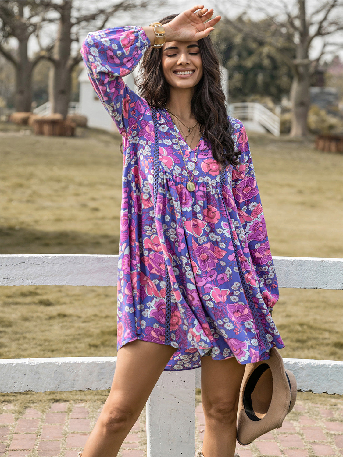 Hazel Blues® |  Floral Ruched V-Neck Long Sleeve Dress