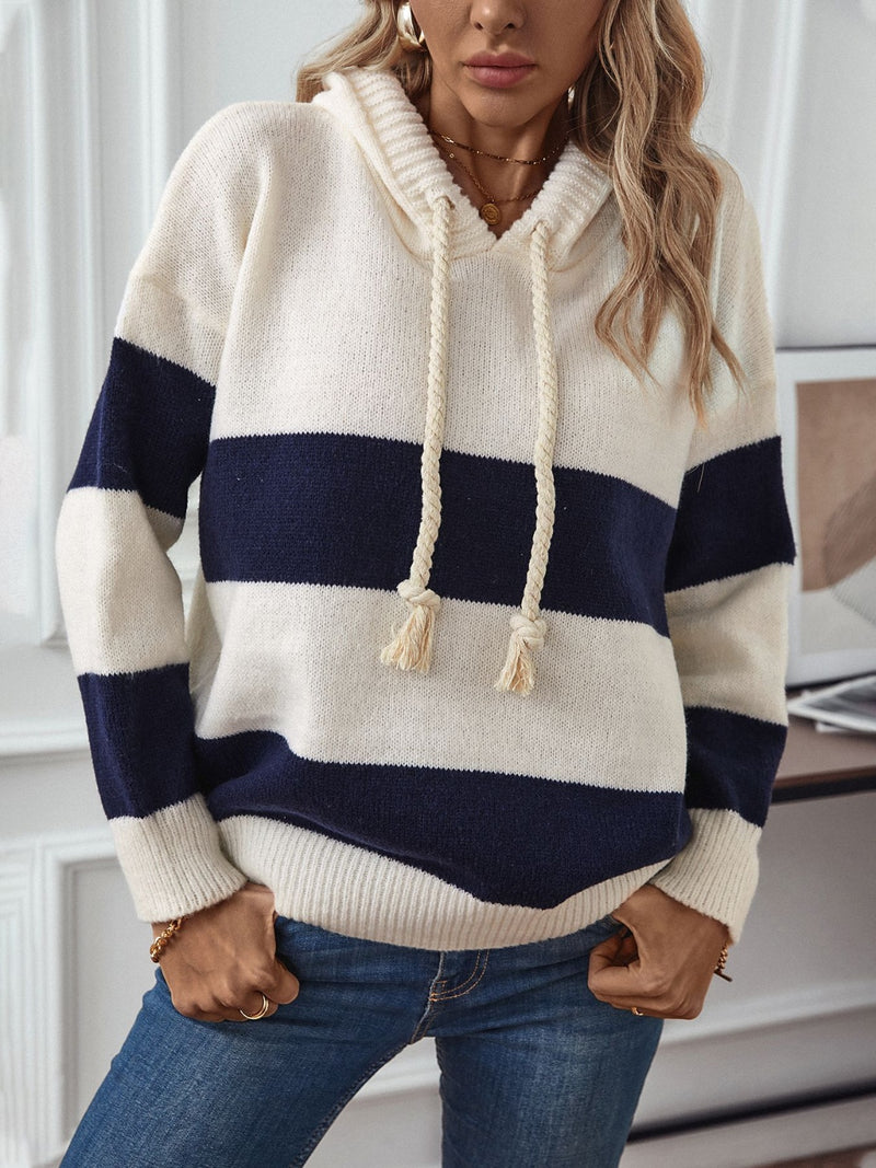 Hazel Blues® |  Drawstring Contrast Stripe Dropped Shoulder Hooded Sweater