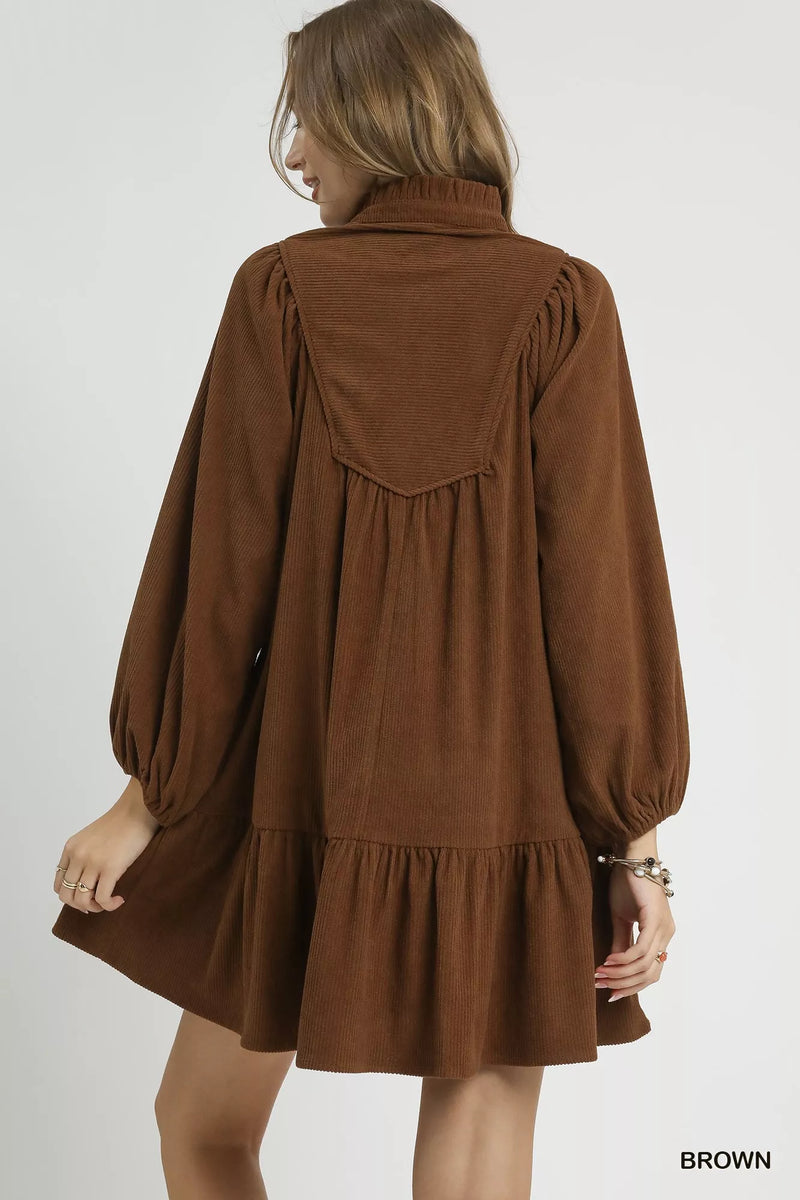 Hazel Blues | Umgee Corduroy Tiered Babydoll Dress Brown / S Hazel Blues | Umgee Corduroy Tiered Babydoll Dress Brown / S