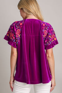 Hazel Blues® |  Umgee Velvet Embroidery Short Sleeve Blouse