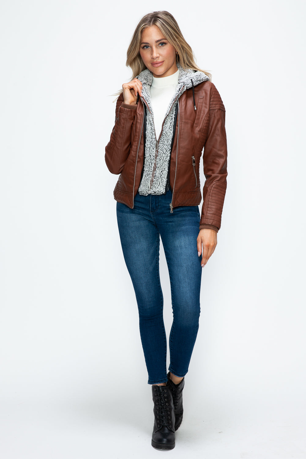 Hazel Blues® |  YMI Faux Layered Double-Zipper Jacket with Fuzzy Hood