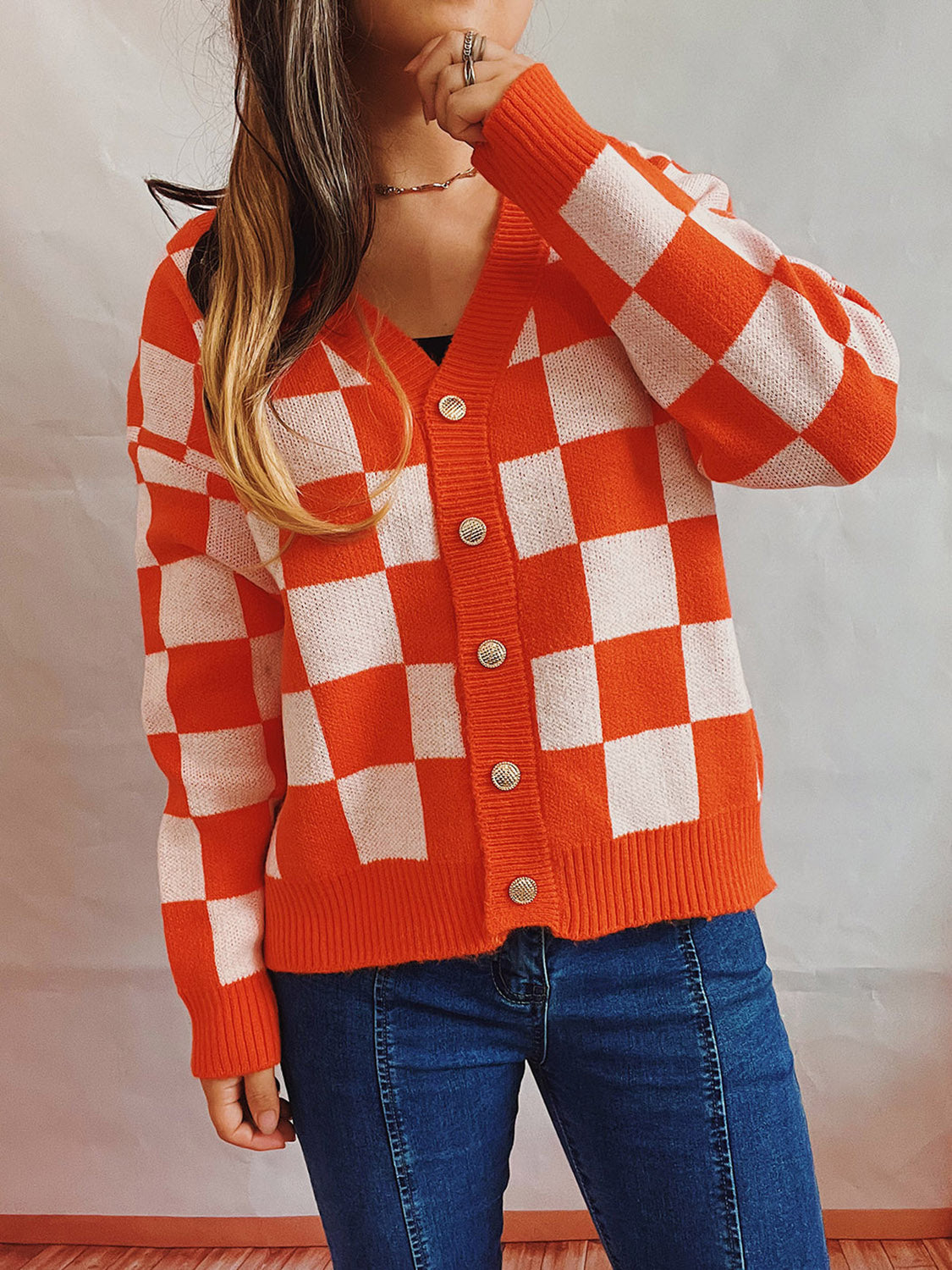 Hazel Blues® |  Checkered Open Front Button Up Cardigan