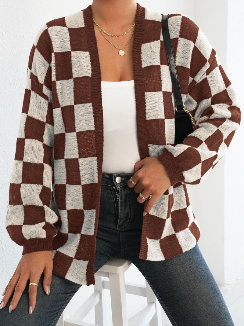 Hazel Blues® |  Checkered Open Front Long Sleeve Cardigan