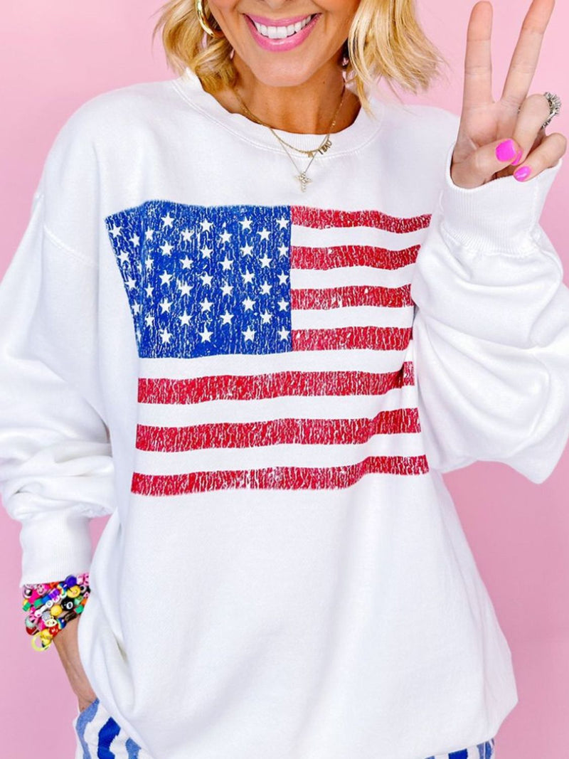 Hazel Blues® |  US Flag Round Neck Long Sleeve Sweatshirt