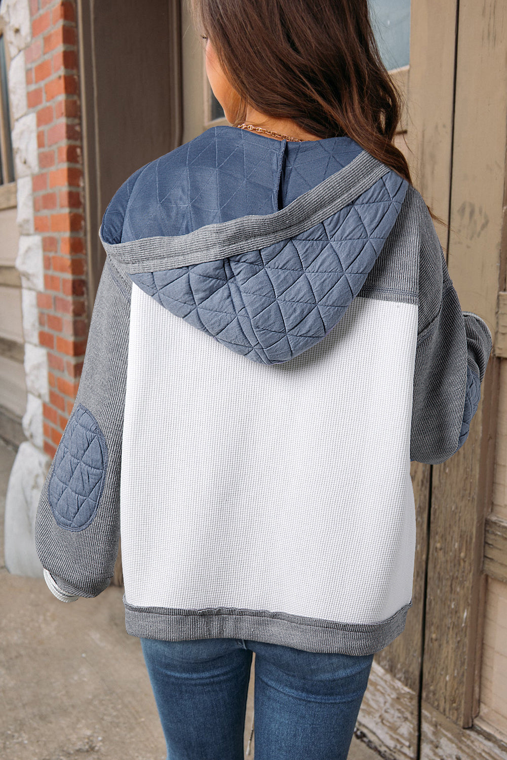 Lucy Wren Light Blue Quilted Textured Patchwork Loose Fit Hooded Jacket