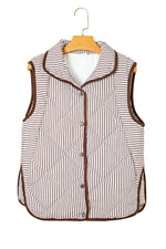 Hazel Blues® |  Brown Stripe Snap Button Scalloped Hem Collared Winter Vest