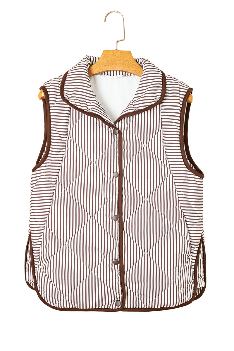 Hazel Blues® |  Brown Stripe Snap Button Scalloped Hem Collared Winter Vest