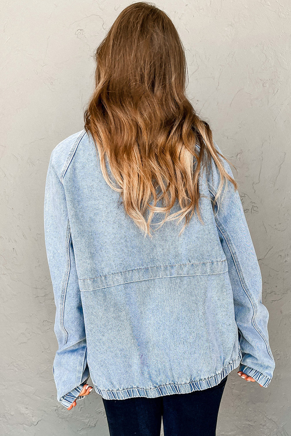 Myosotis Elastic Edge Collared Zip-Up Denim Jacket With Pocket