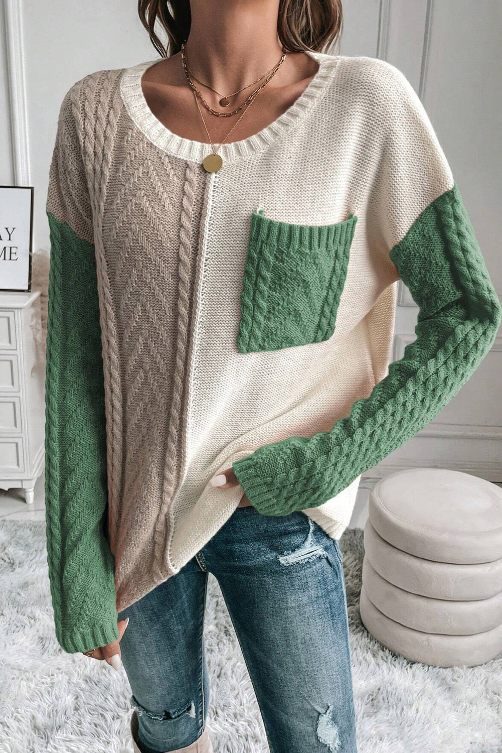 Hazel Blues® |  Color Block Round Neck Long Sleeve Sweater