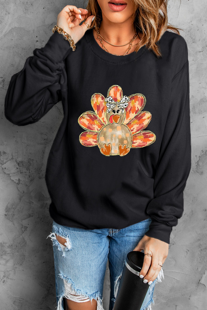 Hazel Blues® |  Black Thanksgiving Turkey Graphic Drop Shoulder Sweatshirt